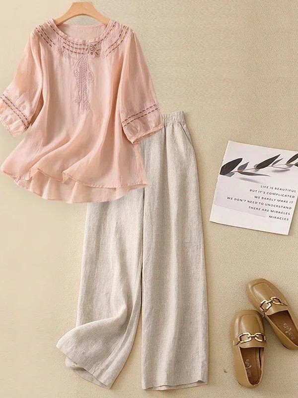 Linen Shirt Breathable - High-End Cotton Linen Set Women's Summer