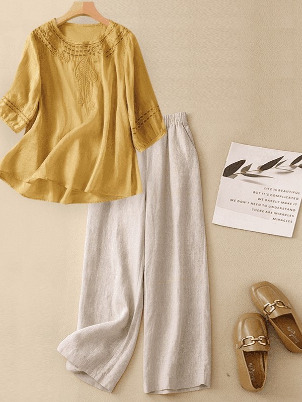 High-End Cotton Linen Set Wome - Linen Shirt Breathable ulasan dan harga